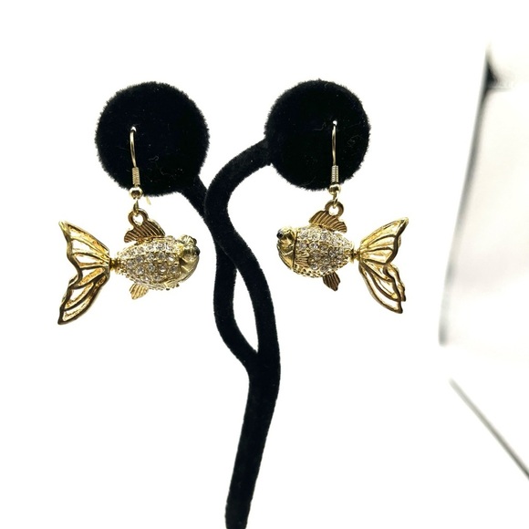 Gold Tone Crystal Fish Earrings with Whimsical Design 3 D Hook Earrings - Picture 6 of 10